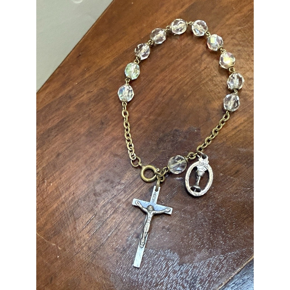 Vintage Italian AB Crystal Glass Rosary Bracelet Body of Christ Chalice Medal